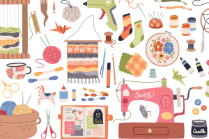 illustration of crafting tools, including sewing machine, scissors, glue gun, and craft pieces