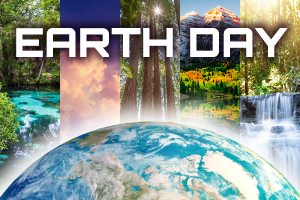 Earth Day promotion with various nature scenes in the background and the earth below it.