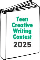 image of a book with words reading "Teen creative writing contest 2025"
