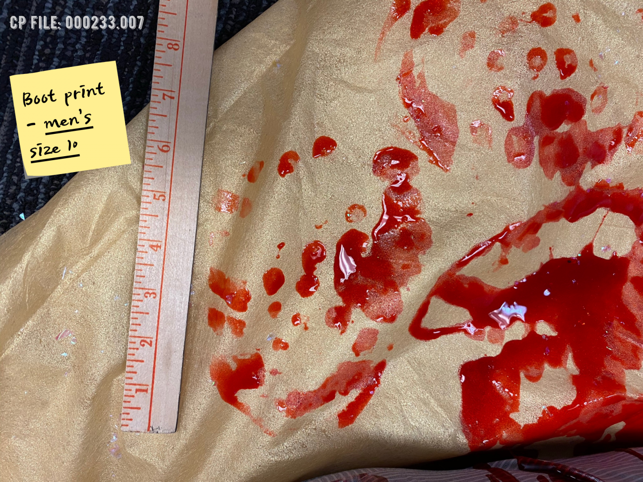 Evidence Photo 007 A close up a bloody boot print with a ruler next to it
