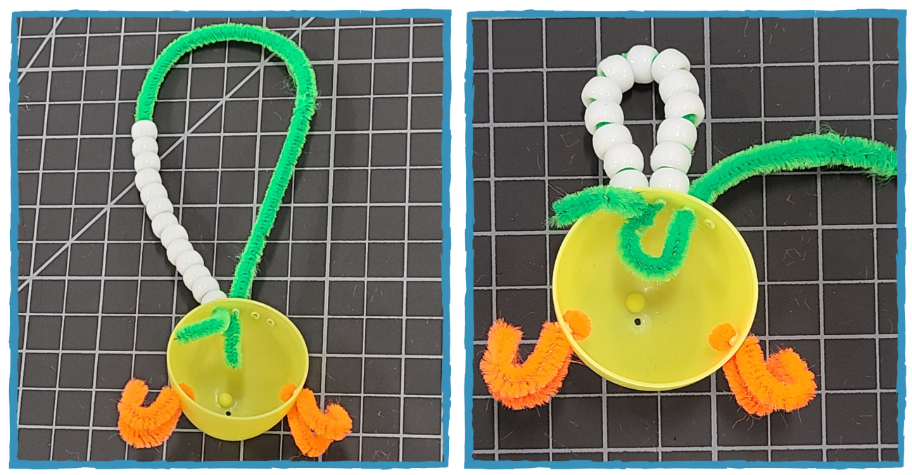 Two photos showing a green pipe cleaner being threaded through holes in a yellow plastic egg. White pony beads are threaded onto the pipe cleaner in the second image.