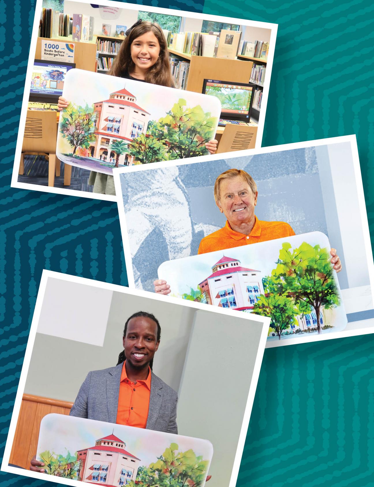 Photos of a girl, football coach Steve Spurrier and author Ibram X. Kendi holding oversized library cards