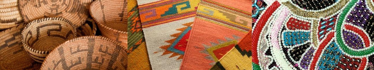 Woven bowls, colorful Navajo Print Carpet and a close up of colorful beadwork