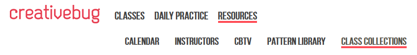 A screenshot of the Creativebug menu. Resources is underlined, and Class Collections is underlined from the Resources sub-menu.