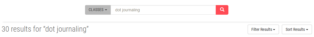 The Creativebug search bar, which currently reads "dot journaling." Beneath it are the words "30 results for "dot journaling"."