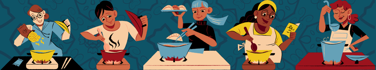 Illustrations of people cooking soup