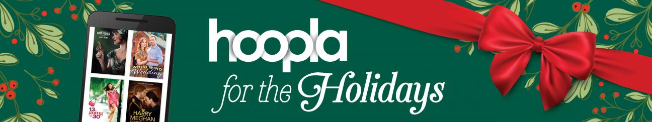 Red bow with the title "hoopla for the holidays" and image of a smartphone