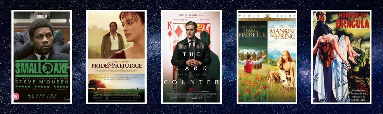 Cover art for Small Axe, Pride and Prejudice (2005), The Card Counter, Jean de Florette/Manon of the Spring, and Horror of Dracula