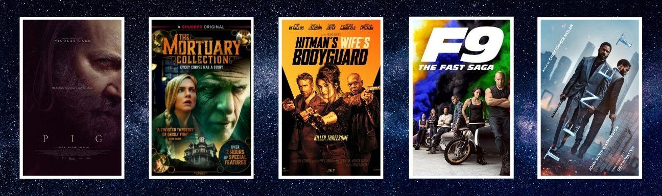 Cover art for Pig, The Mortuary Collection, The Hitman's Wife's Bodyguard, F9, and Tenet