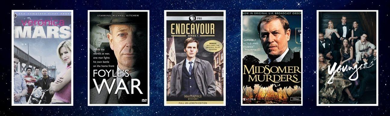 Cover art for Veronica Mars, Foyles War, Endeavour, Midsomer Murders, and Younger