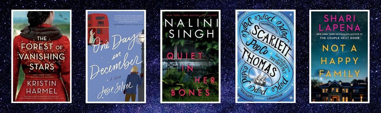 Cover art for The Forrest of Vanishing Stars, One Day in December, Quiet in Her Bones, Popco, and Not a Happy Family