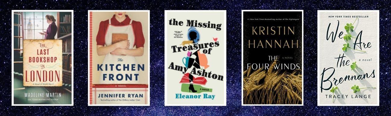 Cover art for the Last Bookshop in London, The Kitchen Front, The Missing Treasures of Amy Ashton, The Four Winds, and We are the Brennans