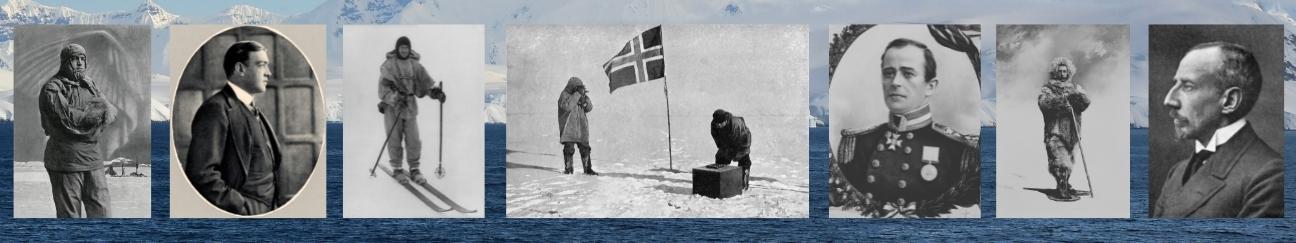 The formal portraits and fur clad photos in Antarctica of 3 men: Ernest Shackleton, Robert Scott, and Roald Amundsen. Amundsen planting the Norwegian flag in the ice in Antarctica.