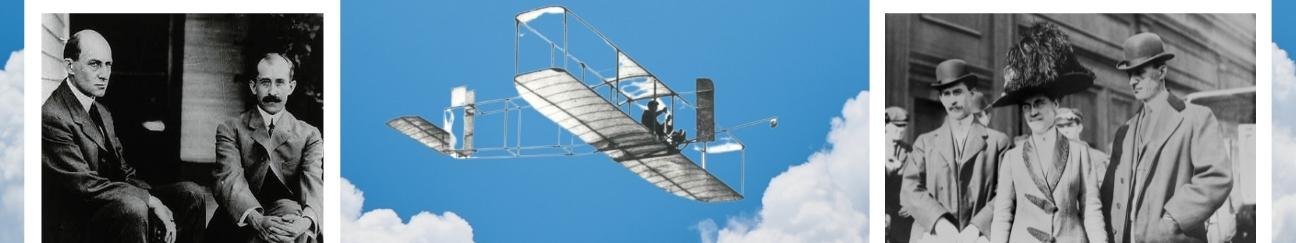 Wilbur and Orville Wright on front porch. Orville flying his glider. Wilbur, Katharine, Oliver Wright.