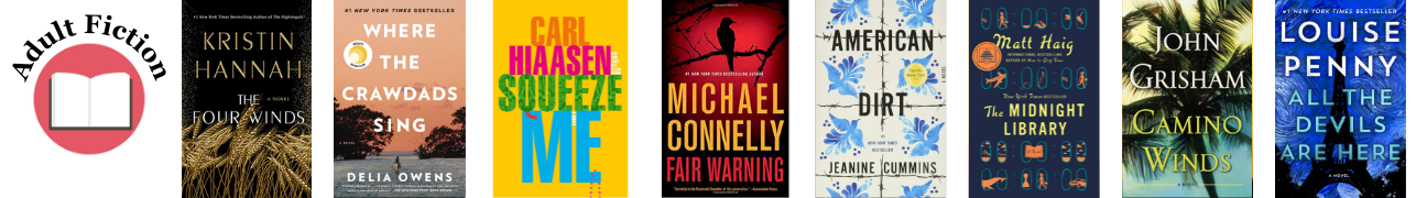 A long thin photo with eight book covers. There is also a red circle with a book in the middle, with the words "Adult Fiction" above it. The related books for the covers are listed in the accordion below.