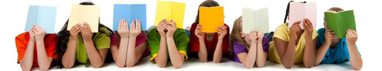 A long thin banner. Eight children are lying on their stomachs, holding a book in front of their face.