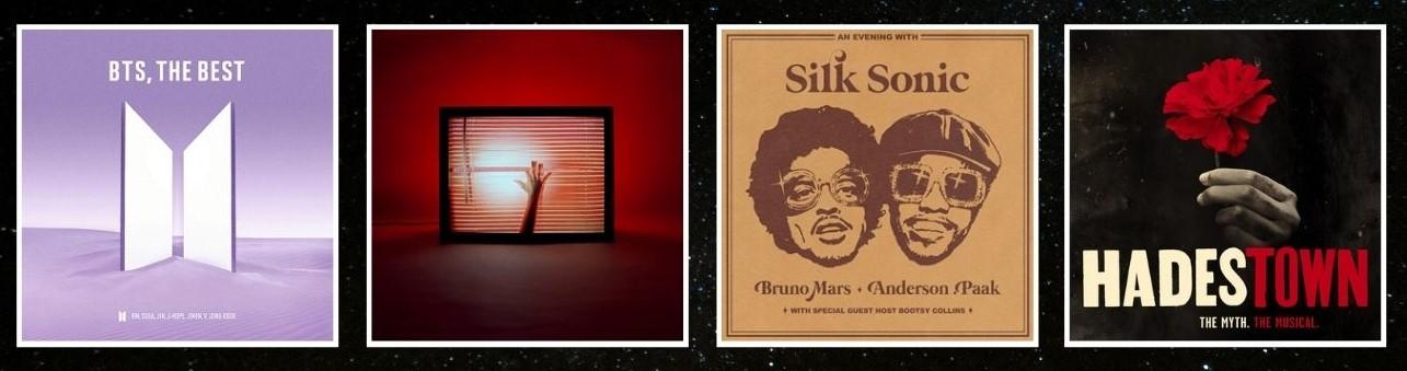 Cover art for BTS, the Best, Screen Violence, An Evening With Silk Sonic, and Hadestown the Soundtrack