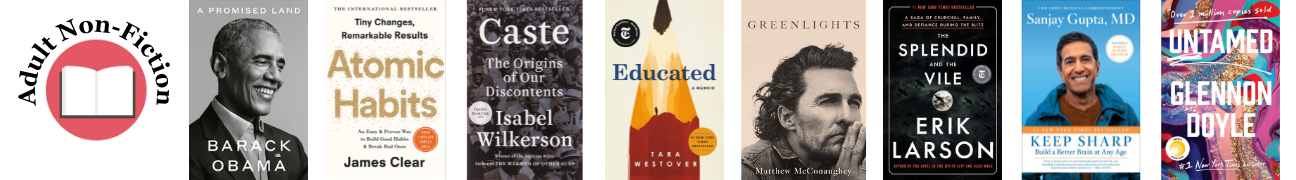 A long thin photo with eight book covers. There is also a red circle with a book in the middle, with the words "Adult Non-Fiction" above it. The related books for the covers are listed in the accordion below.