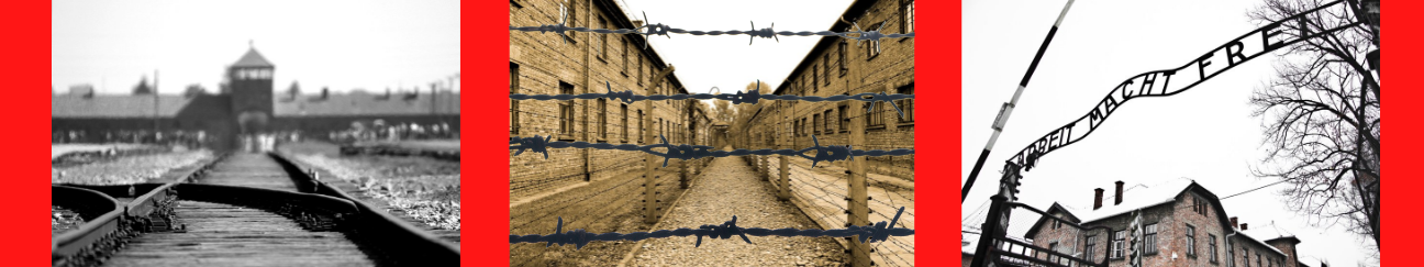 railroad tracks into Auschwitz, barbed wire barracks, entrance to Auschwitz