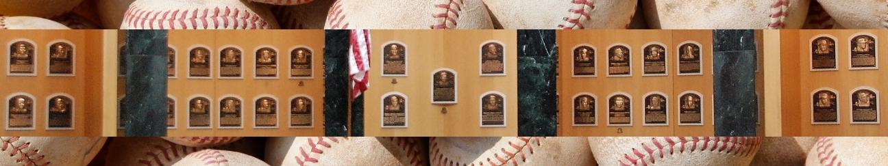 background of baseballs, image of Baseball Hall of Fame wall plaques