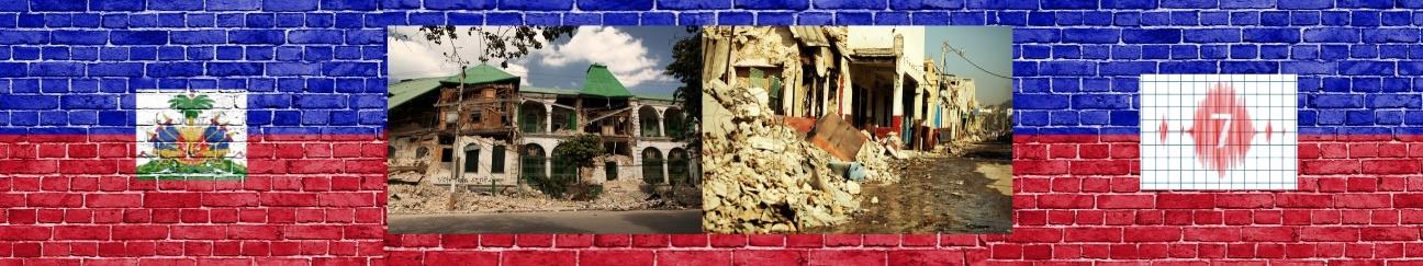 Haitian flag, earthquake damage, 7 on Richter scale graph