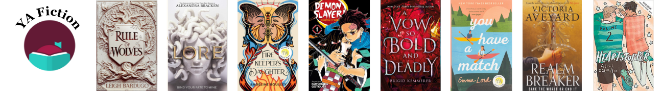 A long thin photo with eight book covers. There is also the Libby by Overdrive logo with the words "YA Fiction" above it. The related books for the covers are listed in the accordion below.