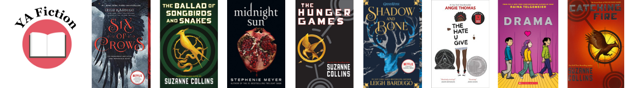 A long thin photo with eight book covers. There is also a red circle with a book in the middle, with the words "YA Fiction" above it. The related books for the covers are listed in the accordion below.