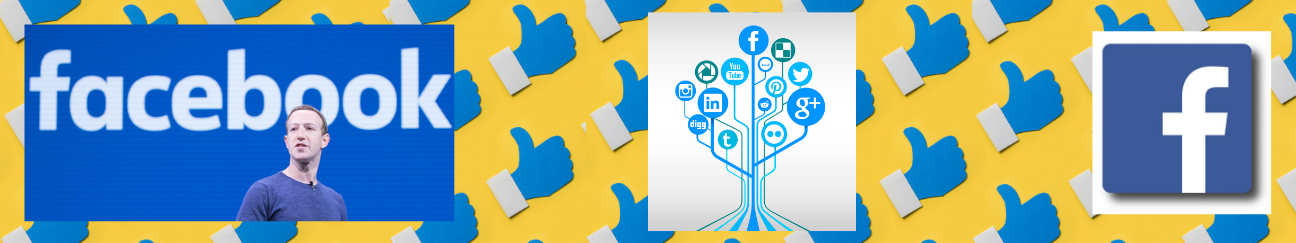 yellow background with blue thumbs ups, facebook icon, mark zuckerberg and tree with social media logos for leaves