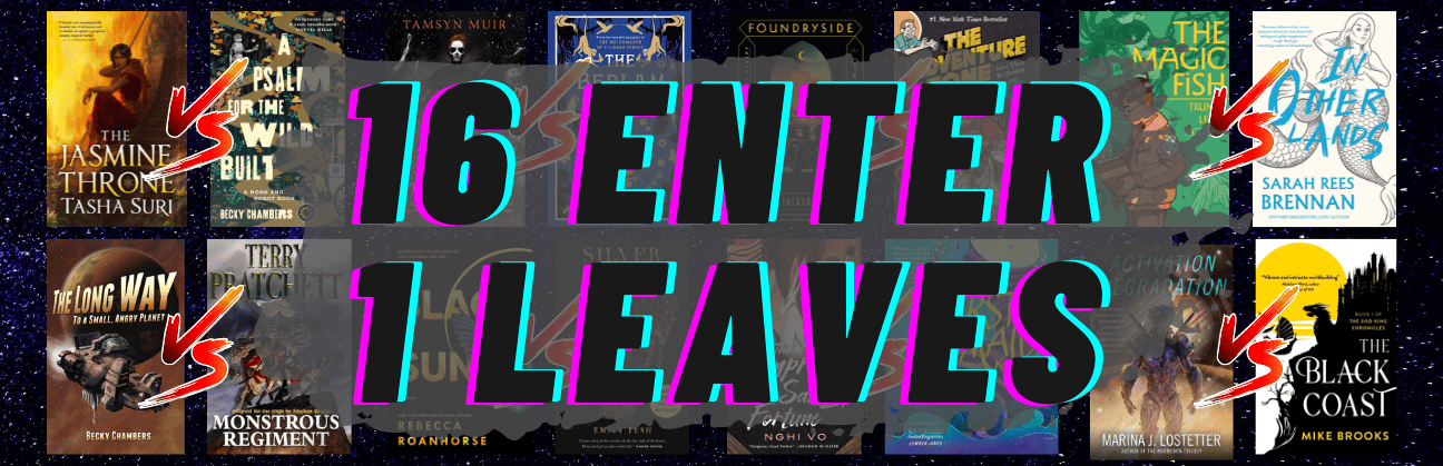 A banner with a starry background. In the foreground are the words "16 enter, 1 leaves" over covers of the 16 best rated Space Gaze books to date. The covers are paired up with versus symbols between them, symbolizing the first round of matchups. 