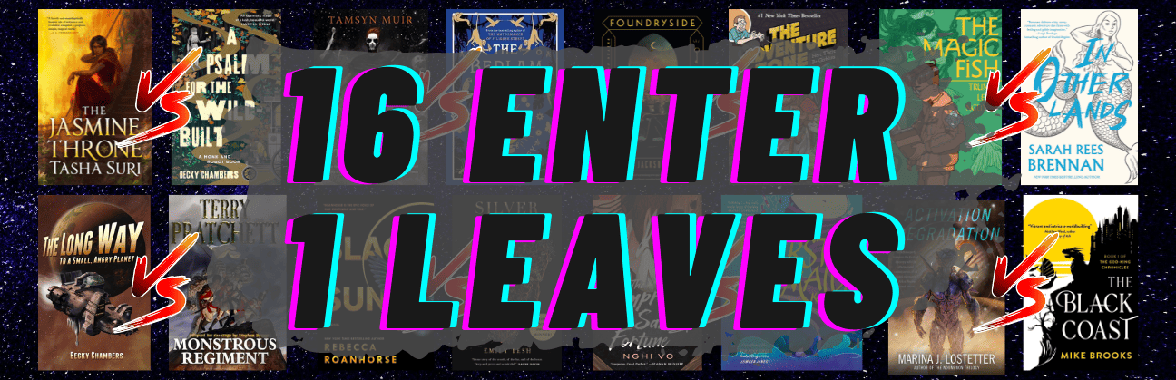 A banner with a starry background. In the foreground are the words "16 enter, 1 leaves" over covers of the 16 best rated Space Gaze books to date. The covers are paired up with versus symbols between them, symbolizing the first round of matchups.