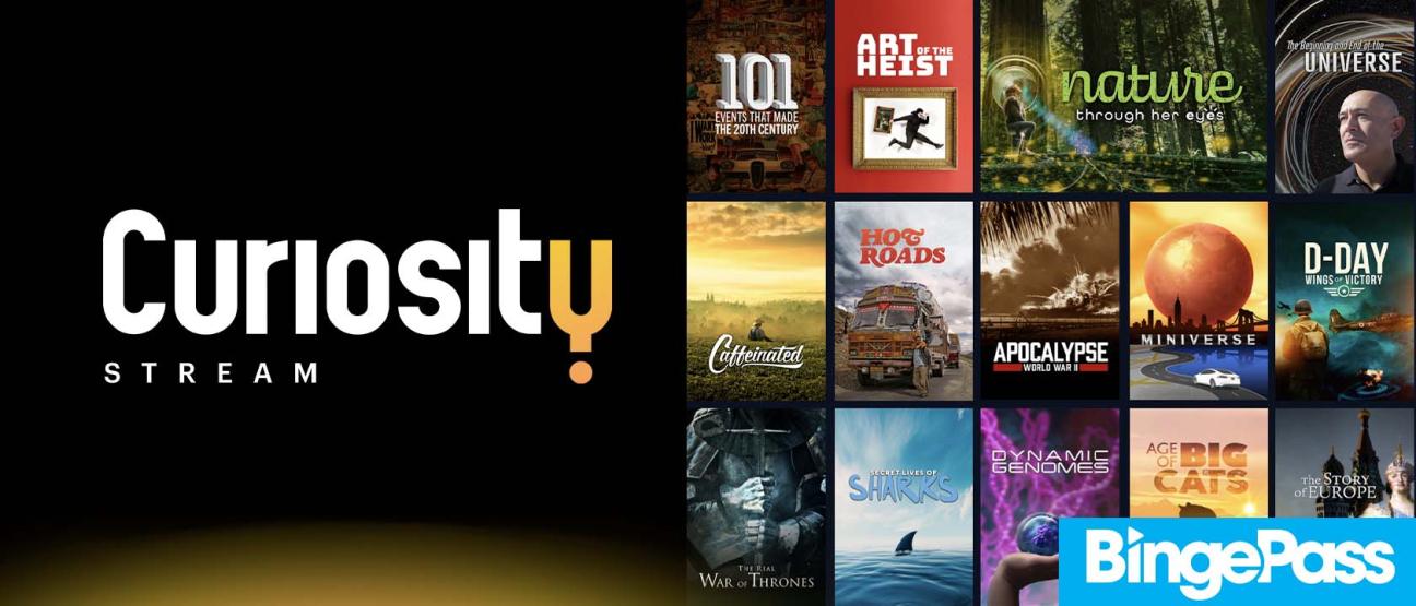 Curiosity Stream logo beside images of documentary and content series covers