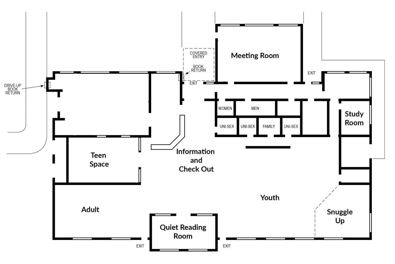A floor plan of the Cone Park Branch. The major areas of the branch have been labeled.