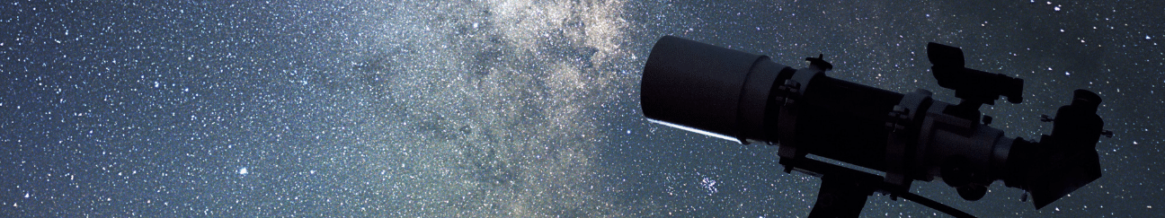 A long thin banner. It shows the night sky with countless stars. There is a telescope in the foreground to the right of the image.