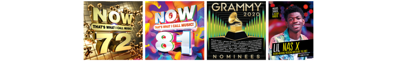 A series of CD and book covers side by side -- titles and authors are listed below the image.