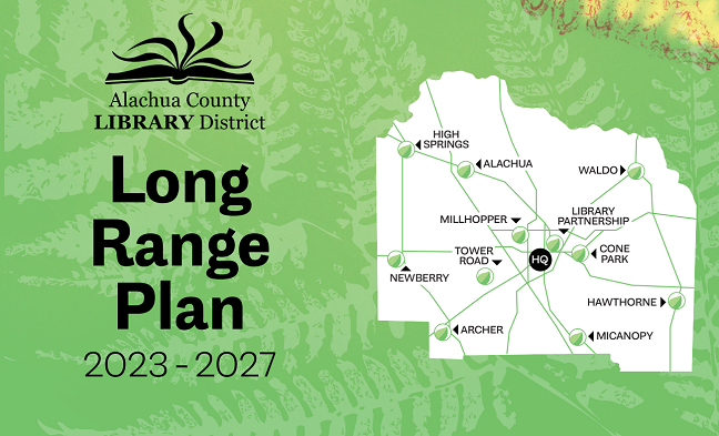 Alachua County Library District logo of open book with fluttering pages and Long Range Plan 2023-2027 with a map of library branches.