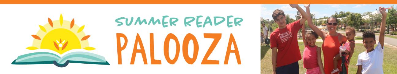 Summer Reader Palooza logo and mother standing with four children 