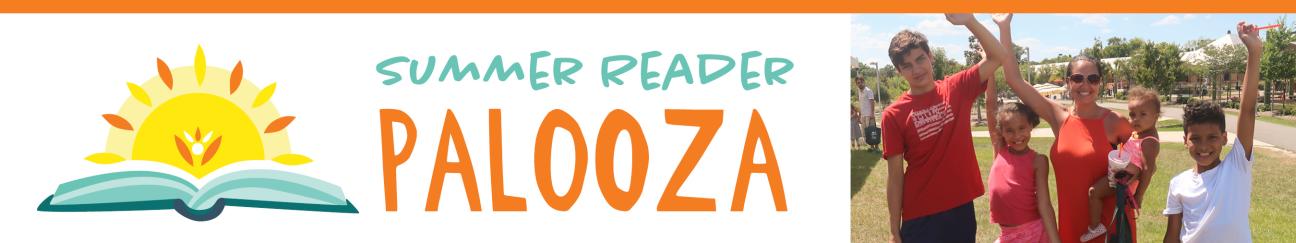 Summer Reader Palooza logo and mother standing with four children