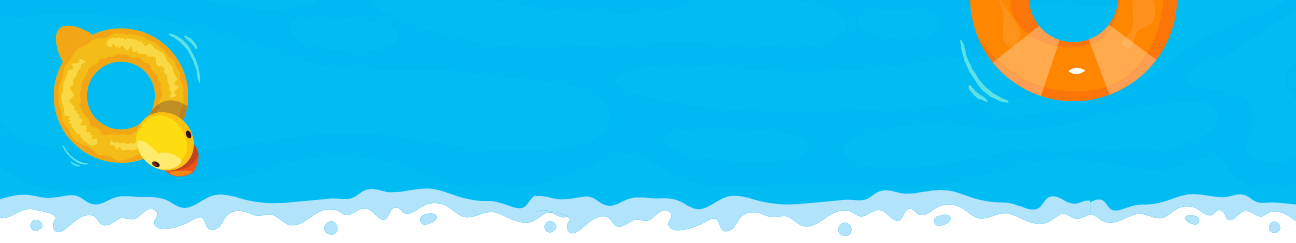 Cartoon header of pool water with a yellow duck-shaped pool float on the left and an orange ring float on the right.