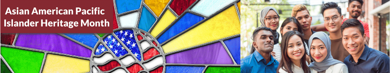 multi-colored stained glass with American flag and a group of Asian people