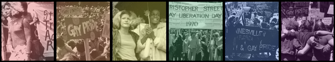 A series of photographs, rainbow tints over them (left to right, red to purple) -- featuring scenes from Christopher Street Liberation Day, images of Sylvia Rivera and Marsha P. Johnson, as well as local Gainesville pride parade images.