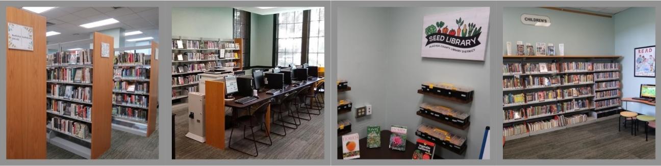 three images of the inside of Micanopy Branch. Adult book section, computer area, seed library, children's books