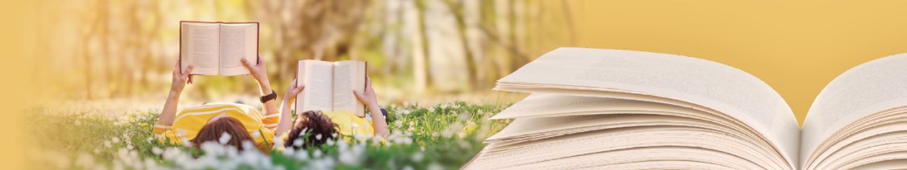 two people laying on their backs reading books and an open book image next to them