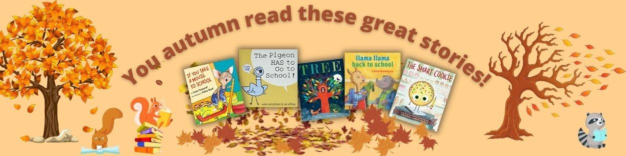 an autumnal themed drawing of woodland creatures reading back to school books