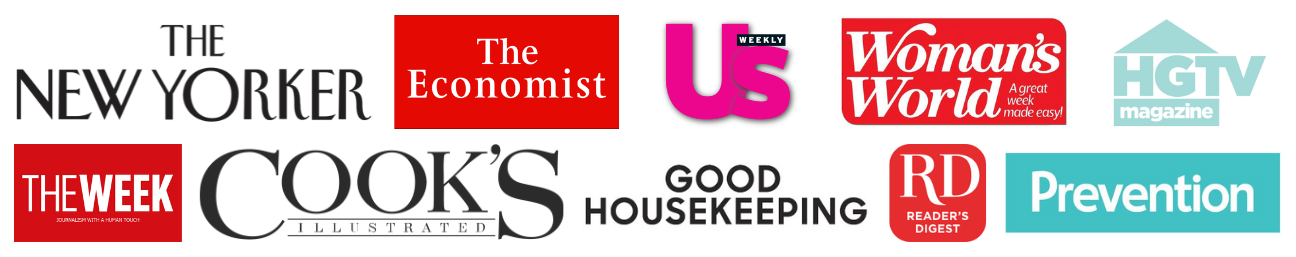 A thin banner with ten magazine logos, five on top of five. The titles are listed and linked to in the accordion below.