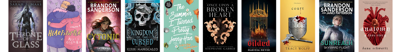 A long thin banner with ten book covers. The titles are listed and linked to in the accordion below.