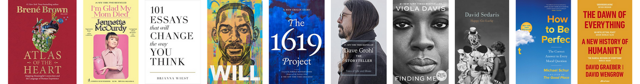 A long thin banner with ten book covers. The titles are listed and linked to in the accordion below.