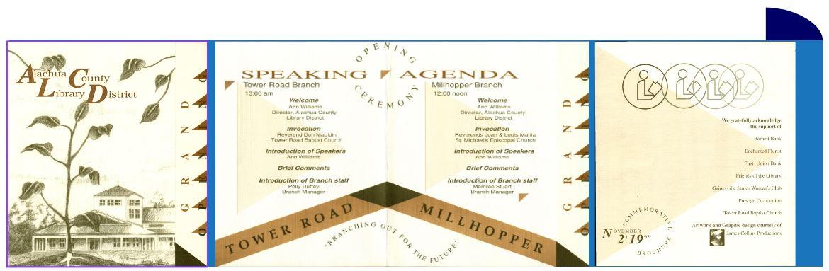 The original Grand Opening brochure for Millhopper and Tower Road branches