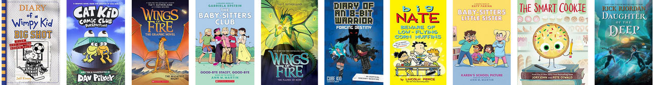 A long thin banner with ten book covers. The titles are listed and linked to in the accordion below.