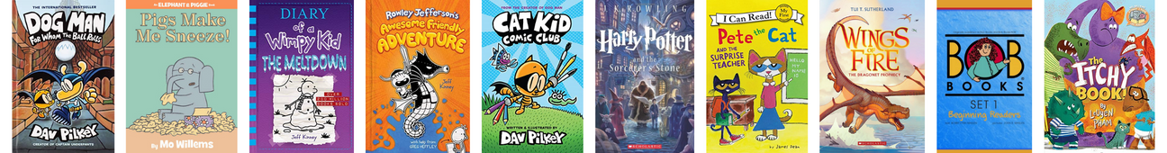 A long thin banner with ten book covers. The titles are listed and linked to in the accordion below.