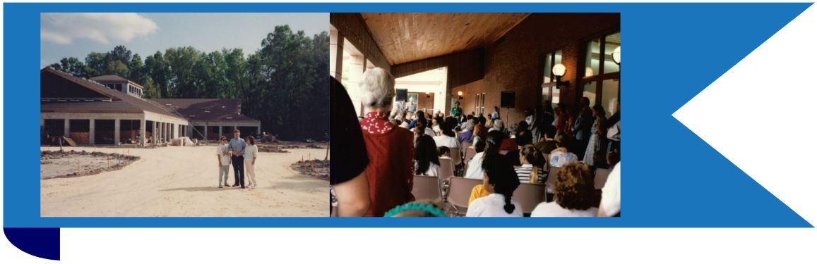 Blue banner background with a photo of Tower Road Branch under construction on left. On right is photo of Millhopper Branch opening ceremony.